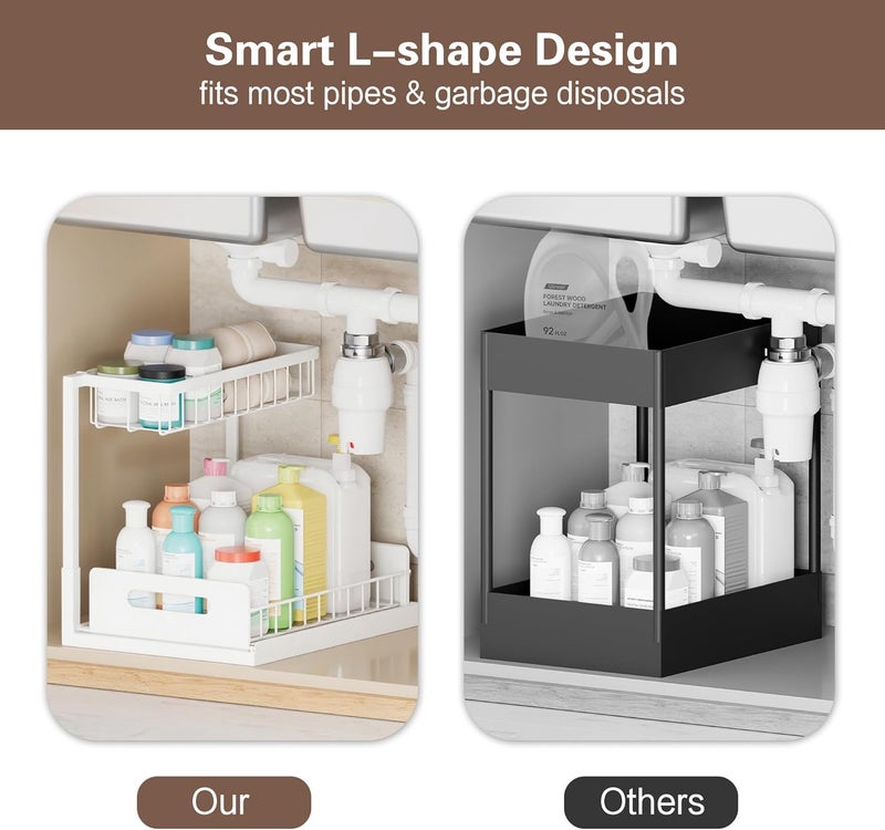 VUSIGN 2 Tier Under Sink Organizer, Slide Out Pull Out Cabinet Organizer, Cabinet Kitchen Bathroom Storage Organization Shelf, 2 Pack, White - Image 3